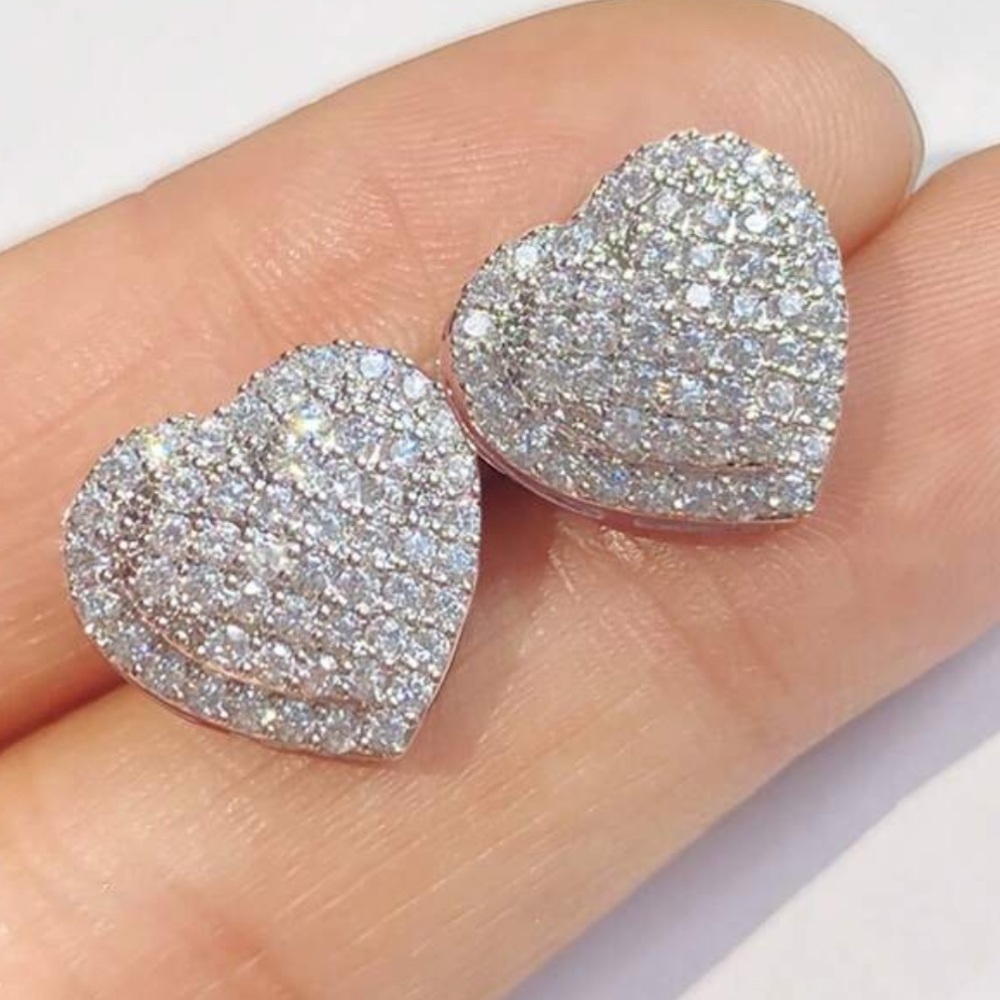 HEART SHAPED CUBIC ZIRCONIA PAVE STUD SILVER TONE Beautiful EARRINGS